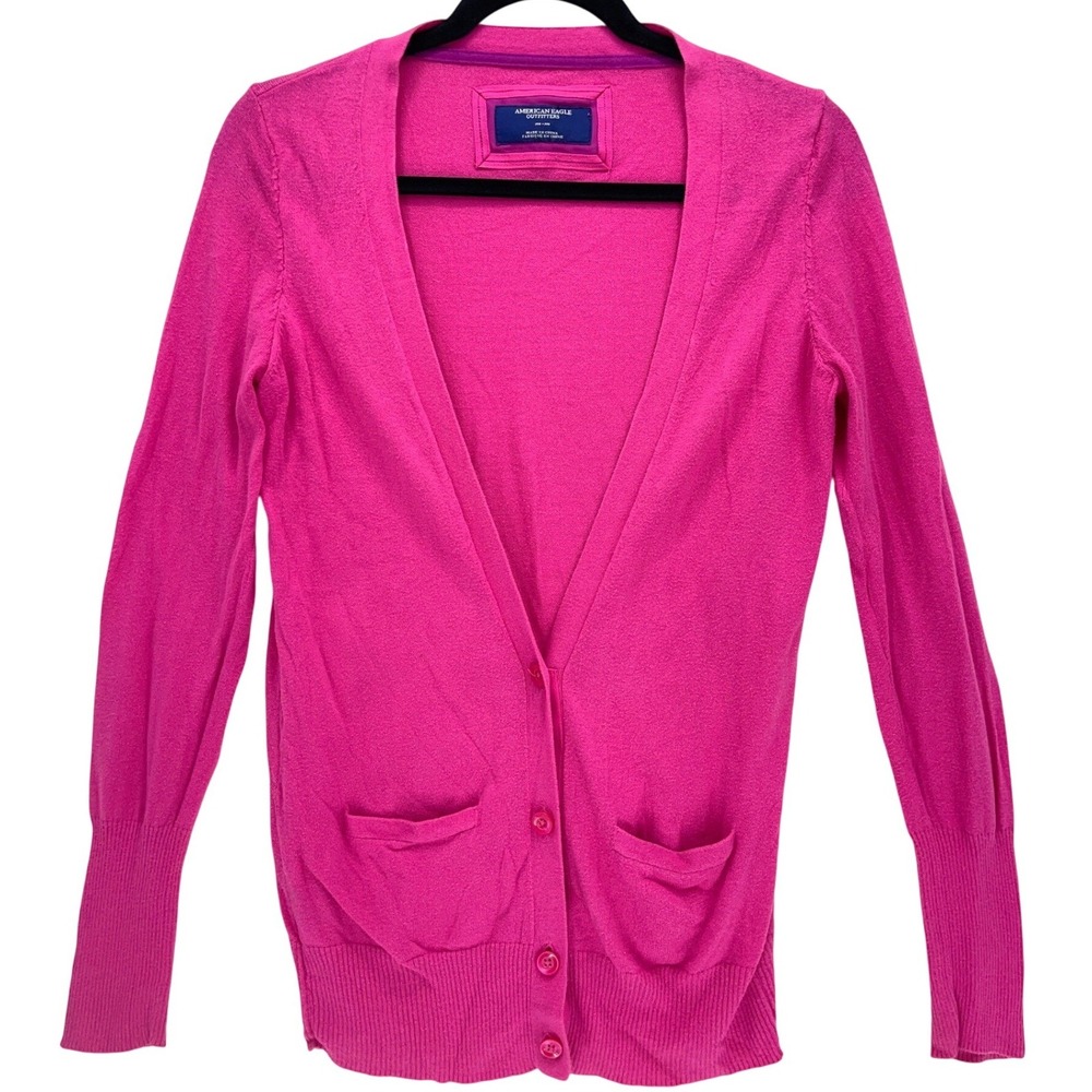 American Eagle Hot Pink Cardigan Sweater Medium V-Neck Button Front Cotton
